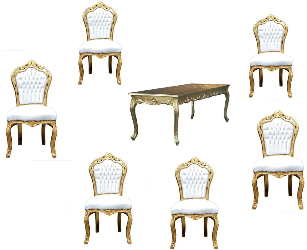 Zertifiziert Juego de Comedor Barroco Casa Padrino Blanco / Dorado - Mesa de comedor + 6 sillas sin reposabrazos