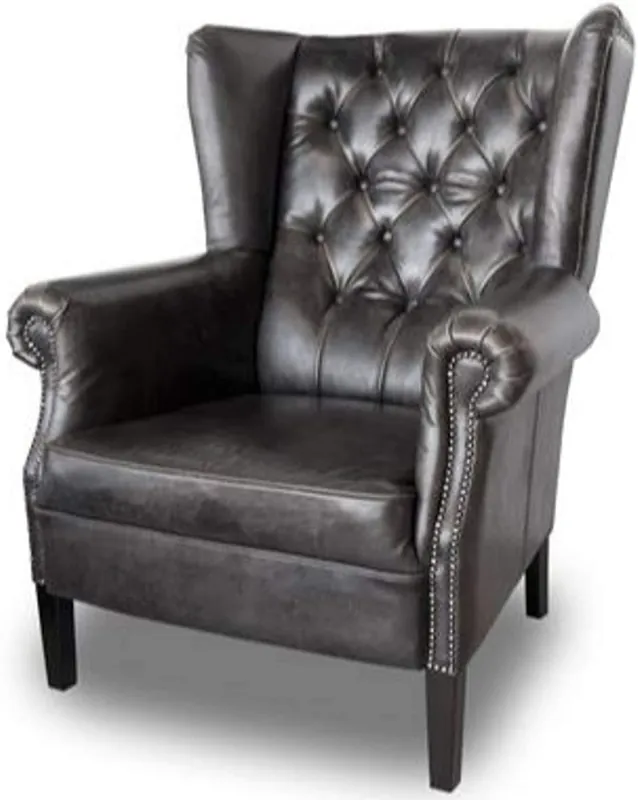 Casa Padrino Chesterfield Butaca de cuero Buffalo Real Black Solid Wood - Luxury Living Room Furniture - Vintage Sale