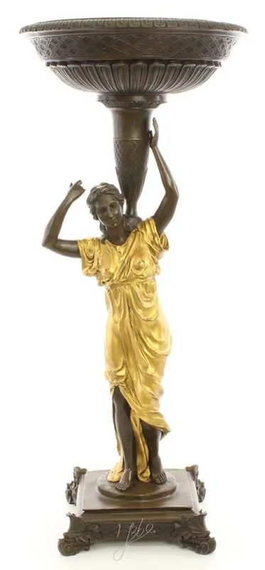 Abverkauf Casa Padrino Art Nouveau Flower Pot Stand Bronce / Oro 33 x 33 x H 77,2 cm - Figura de Bronce de Lujo