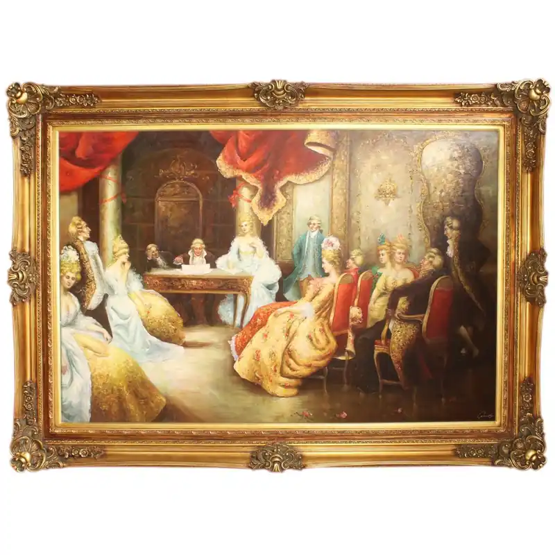 Bestpreis Enorme pintura al óleo pintada a mano en barroco Tarde literaria Marco Mod2 dorado pomposo 225 x 165 x 10 cm - Material masivo