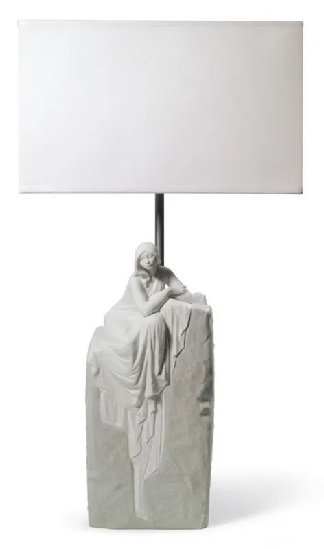 Casa Padrino lámpara de mesa de lujo gris / blanco 30 x 20 x H. 57 cm - Lámpara de Mesa de Diseño con Escultura de Porcelana Artesanal de una Mujer Meditativa Mod1 Preiswert