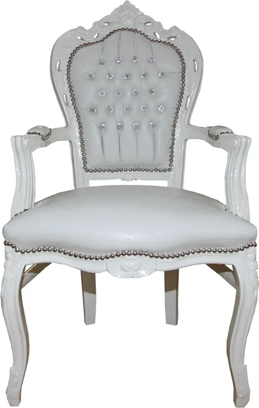 Silla de comedor barroca Casa Padrino con reposabrazos blanco / blanco, piel de croco con rhinestone bling bling Beliebt