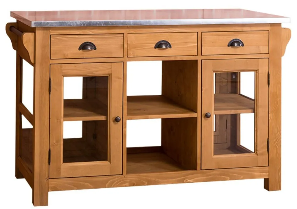 Nur Für Kurze Zeit Casa Padrino isla de cocina de estilo country con encimera de zinc color natural / plata 135 x 65 x H. 90 cm - Gabinete de Cocina de Estilo Country con 4 Puertas de Vidrio y 6 Cajones