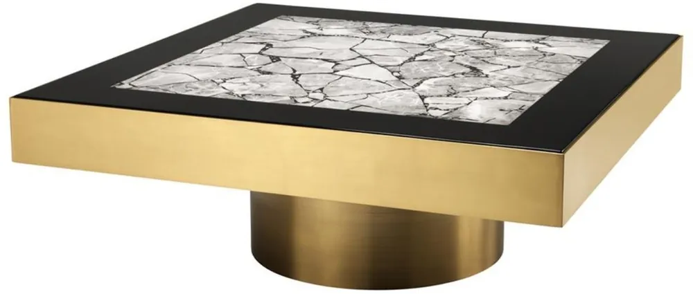 Finale Aktion Casa Padrino mesa de centro de acero inoxidable de lujo con encimera de mármol de arte latón / negro brillante / gris 100 x 100 x H. 38 cm - Muebles de salón de diseño