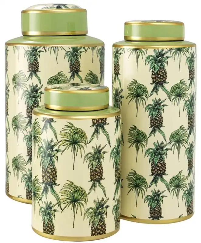 Neue Kollektion Casa Padrino juego de 3 latas de porcelana de lujo diseño de piña verde / multicolor - Calidad de Lujo