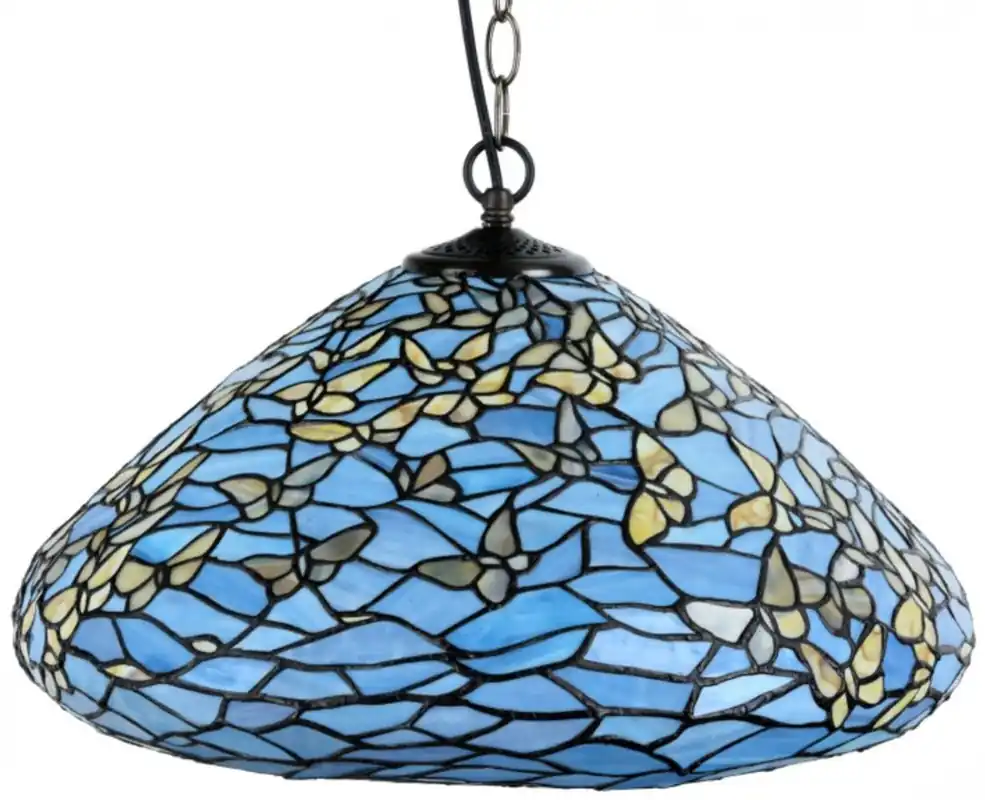 Super-Preis Casa Padrino Tiffany lámpara colgante mariposas azul / multicolor Ø 50 x H. 135 cm - Lámpara Colgante de Numerosas Piezas de Mosaico de Vidrio