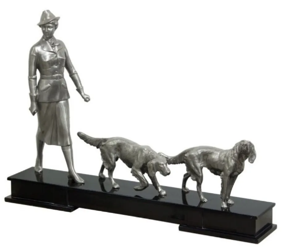 Zertifiziert Casa Padrino figuras de bronce de lujo de cazadora y perros plata / negro 61 x 11 x H. 45 cm - Figuras Decorativas de Lujo con Base de Madera