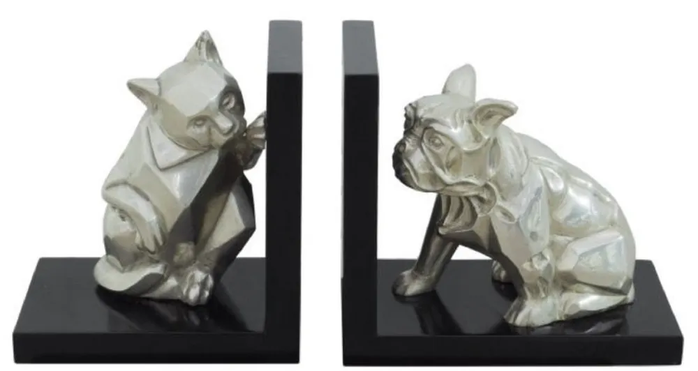 Casa Padrino conjunto de sujetalibro de lujo gato y perro plata / negro 18 x 18 x H. 10 cm - Figuras en Bronce Deco con Base de Madera Neue Ware