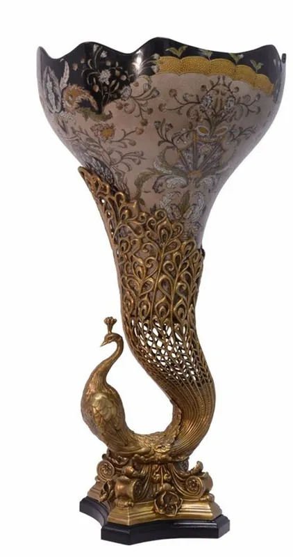 Casa Padrino Art Nouveau Jarrón Peacock Latón / Porcelana 37.5 x H 72 cm - Baroque Rococo Home Deco Markenprodukt