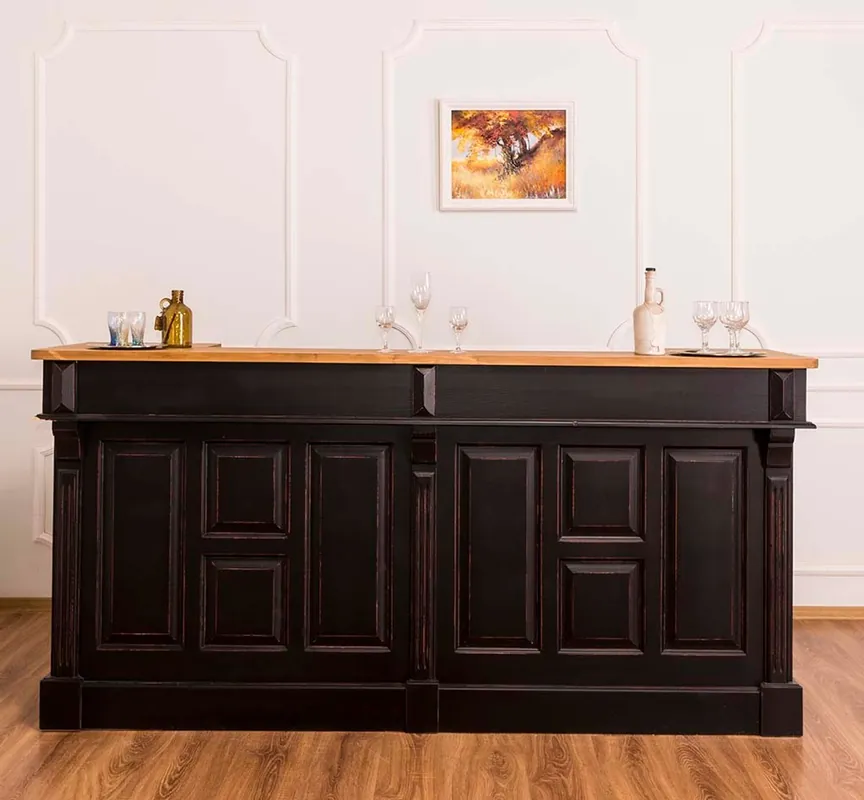 Rabatt Casa Padrino barra de bar de estilo campestre negro antiguo / natural 240 x 65 x H. 107 cm - Barra de Bar con Cajones y Compartimentos de Almacenamiento