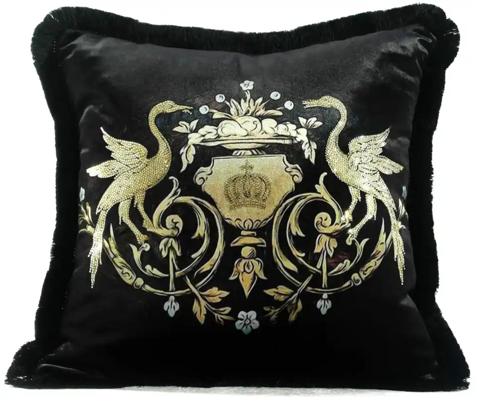Harald Glööckler Pompöös by Casa Padrino Almohada Decorativa de Lujo Corona & Cisnes con Pedrería Negro / Oro - Tejido de Terciopelo Más Fino - Glööckler Almohada Mega-Angebot