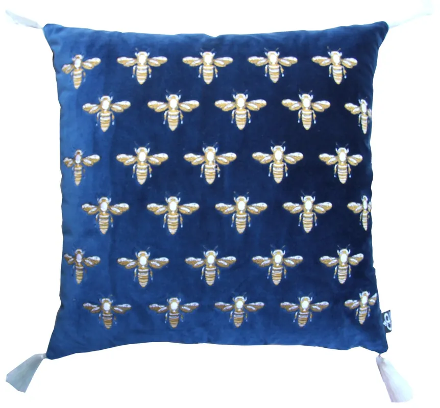 Casa Padrino almohada de lujo con borlas abejas azul / oro 45 x 45 cm - Tejido de Terciopelo Más Fino - Accesorios de Decoración de Lujo Neuheit