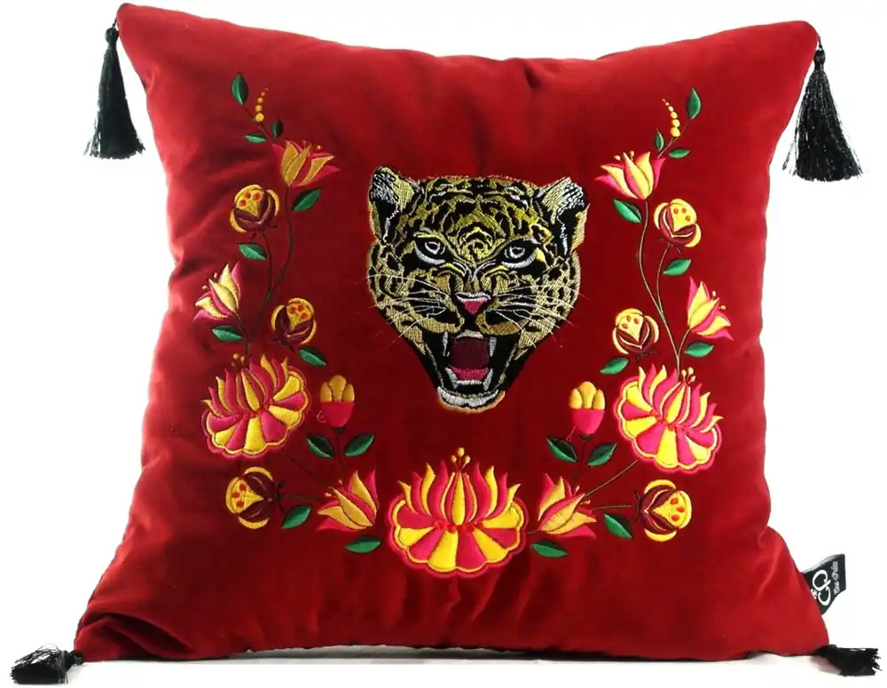 Casa Padrino almohada de lujo con borlas tigre rojo / multicolor 45 x 45 cm - Tejido de Terciopelo Más Fino - Calidad de Lujo Highlight
