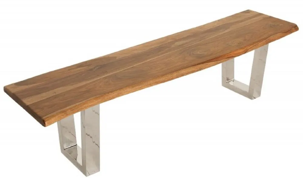 Casa Padrino banco de diseño marrón / plata 180 x 45 x H. 45 cm - Banco de Lujo con Madera Maciza de Sheesham y Patas de Acero Inoxidable Pulidas Beliebt