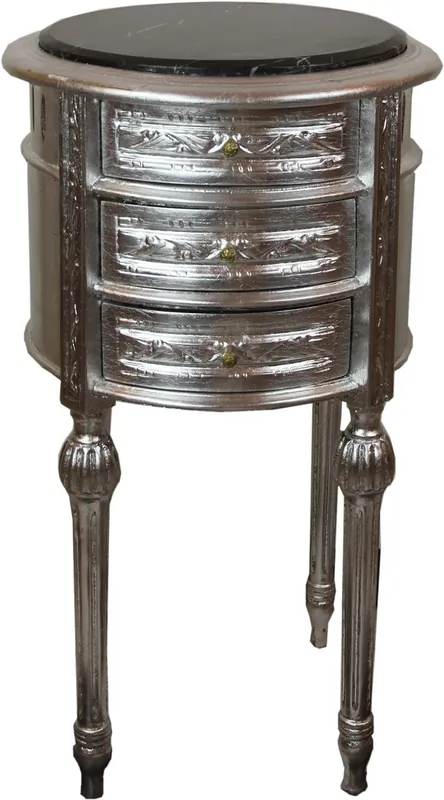 Günstig Casa Padrino mesa auxiliar barroco con encimera de mármol plata / negro Ø 42 x H. 73 cm - Cómoda Pequeña Hecho a Mano con 3 Cajones
