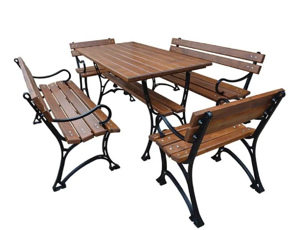 Jetzt Bestellen Casa Padrino Conjunto de Muebles de Jardín Art Nouveau Mesa 2 Bancos 2 Sillas con Reposabrazos Marrón / Negro 150 cm - Muebles de Jardín