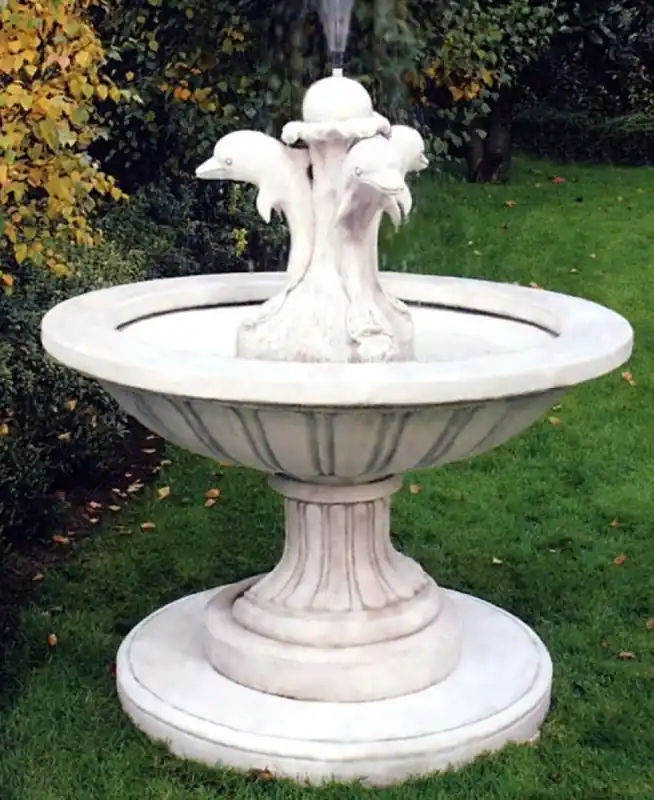 Neu Casa Padrino Fuente de Jardín Art Nouveau Gris Blanco Ø 130 x H. 145 cm - Fuente Redonda con Delfines Decorativos - Decoración de Jardín