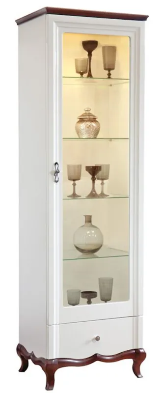 Echt Casa Padrino Vitrina Art Deco de Lujo Blanco / Marrón Oscuro 64 x 46,5 x H. 209,5 cm - Gabinete Iluminado para Sala de Estar con Puerta de Vidrio y Cajón - Mobiliario de Sala de Estar