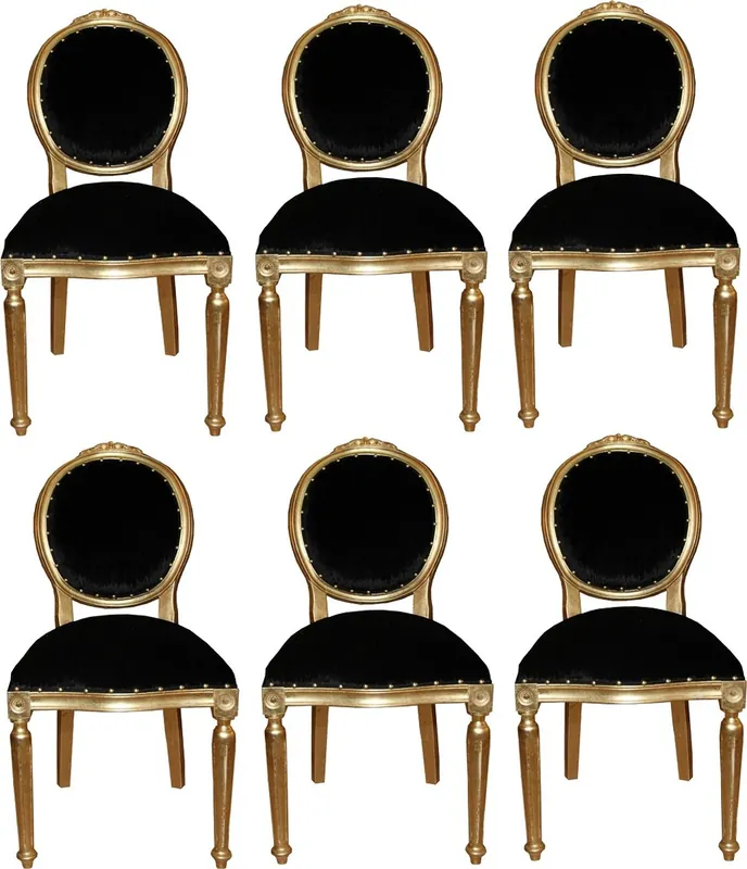 Günstig Casa Padrino Conjunto de Sillas de Comedor Barroco de Lujo Medallón Negro / Oro 50 x 52 x H. 99 cm - 6 Sillas de Comedor Hechas a Mano - Muebles de Comedor Barrocos