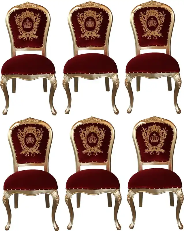 Schneller Versand Pompöös by Casa Padrino Sillas de Comedor Barroco de Lujo con Corona Rojo Burdeos / Oro - Sillas de Estilo Barroco de Pompöös Diseñadas por Harald Glööckler - 6 Sillas de Comedor