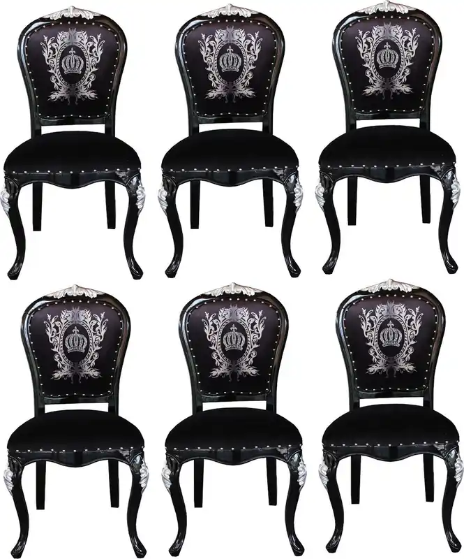 Pompöös by Casa Padrino Sillas de Comedor Barroco de Lujo con Corona Negro / Plata - Sillas de Estilo Barroco de Pompöös Diseñadas por Harald Glööckler - 6 Sillas de Comedor Bestpreis