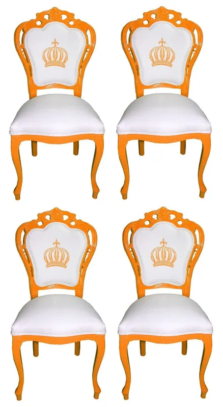 Pompöös by Casa Padrino Sillas de Comedor Barroco de Lujo Blanco / Naranja - Sillas de Estilo Barroco de Pompöös Diseñadas por Harald Glööckler - 4 Sillas de Comedor - Muebles de Comedor Barrocos Echt