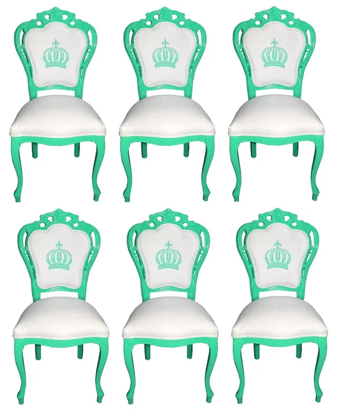 Pompöös by Casa Padrino Sillas de Comedor Barroco de Lujo Blanco / Verde - Sillas de Estilo Barroco de Pompöös Diseñadas por Harald Glööckler - 6 Sillas de Comedor - Muebles Barrocos Wochenendangebot