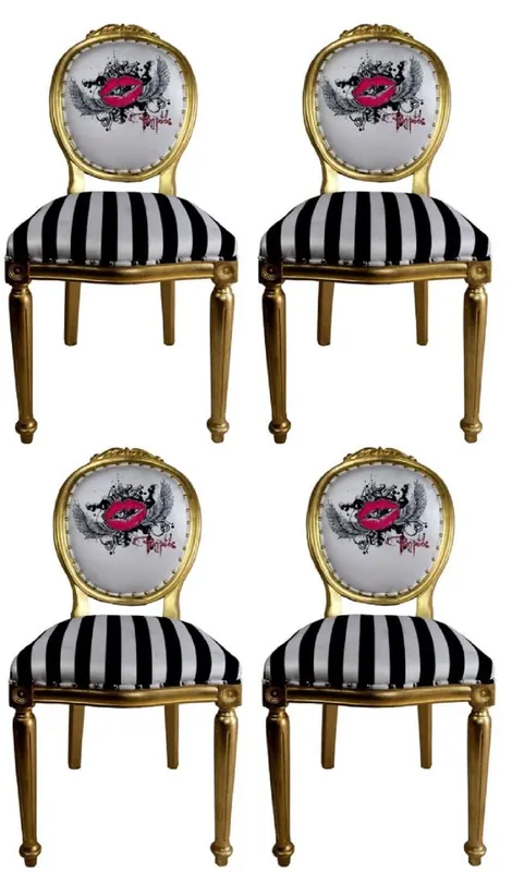 Finale Aktion Pompöös by Casa Padrino Sillas de Comedor Barroco de Lujo Labios Rosados Negro / Rayas Blancas / Oro - Sillas de Estilo Barroco de Pompöös Diseñadas por Harald Glööckler - 4 Sillas de Comedor