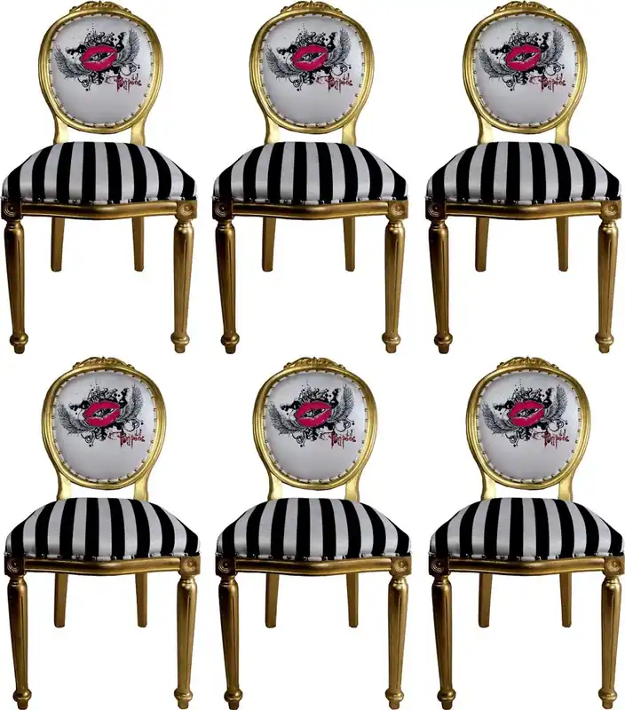 Nur Heute Pompöös by Casa Padrino Sillas de Comedor Barroco de Lujo Labios Rosados Negro / Rayas Blancas / Oro - Sillas de Estilo Barroco de Pompöös Diseñadas por Harald Glööckler - 6 Sillas de Comedor