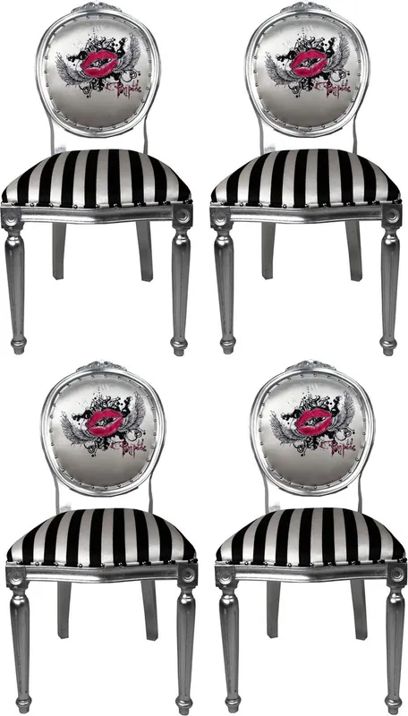 Must-Have Pompöös by Casa Padrino Sillas de Comedor Barroco de Lujo Labios Rosados Negro / Rayas Blancas / Plata - Sillas de Estilo Barroco de Pompöös Diseñadas por Harald Glööckler - 4 Sillas de Comedor