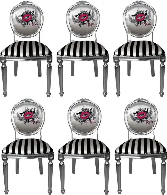 Direktkauf Pompöös by Casa Padrino Sillas de Comedor Barroco de Lujo Labios Rosados Negro / Rayas Blancas / Plata - Sillas de Estilo Barroco de Pompöös Diseñadas por Harald Glööckler - 6 Sillas de Comedor