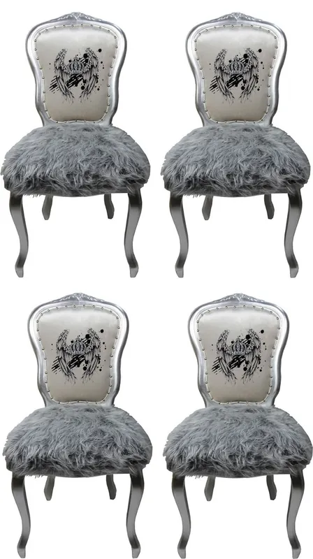Pompöös by Casa Padrino Sillas de comedor barroco de lujo corona blanco / gris / plata - Sillas de estilo barroco de Pompöös diseñadas por Harald Glööckler - 4 sillas de comedor con piel sintética Rabatt