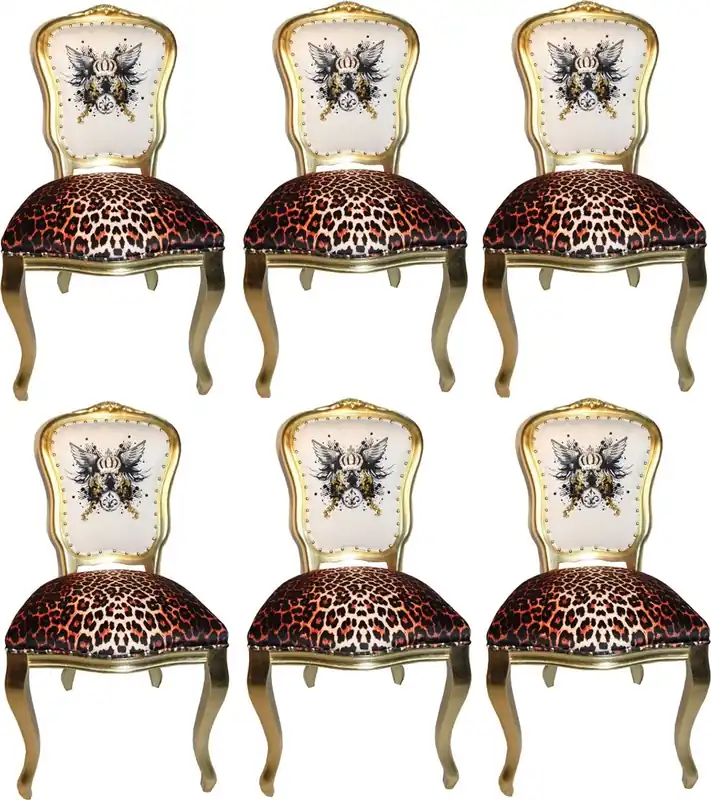 Online Kaufen Pompöös by Casa Padrino sillas de comedor barroco de lujo corona de purpurina y alas de ángel leopardo / blanco / oro 50 x 60 x H.104 cm - Sillas de estilo barroco de Pompöös diseñadas por Harald Glööckler - 6 Sillas de Comedor