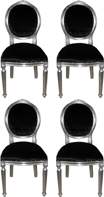 Casa Padrino Conjunto de Sillas de Comedor Barroco de Lujo Medallón Negro / Plata 50 x 52 x H. 99 cm - 4 Sillas de Comedor Hechas a Mano - Muebles de Comedor Barrocos Echt