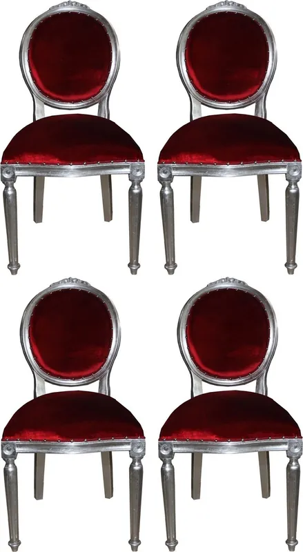 Casa Padrino Conjunto de Sillas de Comedor Barroco de Lujo Medallón Rojo Burdeos / Plata 50 x 52 x H. 99 cm - 4 Sillas de Comedor Hechas a Mano - Muebles de Comedor Barrocos Neuheit