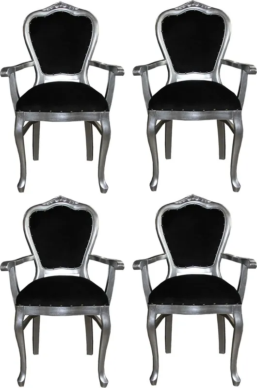 Casa Padrino Conjunto de Sillas de Comedor Barroco de Lujo Negro / Plata 60 x 47 x H. 99 cm - 4 Sillas de Comedor Hechas a Mano con Reposabrazos - Muebles de Comedor Barrocos Finale Aktion