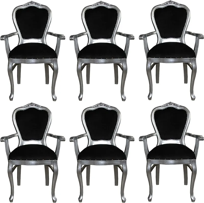 Casa Padrino Conjunto de Sillas de Comedor Barroco de Lujo Negro / Plata 60 x 47 x H. 99 cm - 6 Sillas de Comedor Hechas a Mano con Reposabrazos - Muebles de Comedor Barrocos Direktkauf