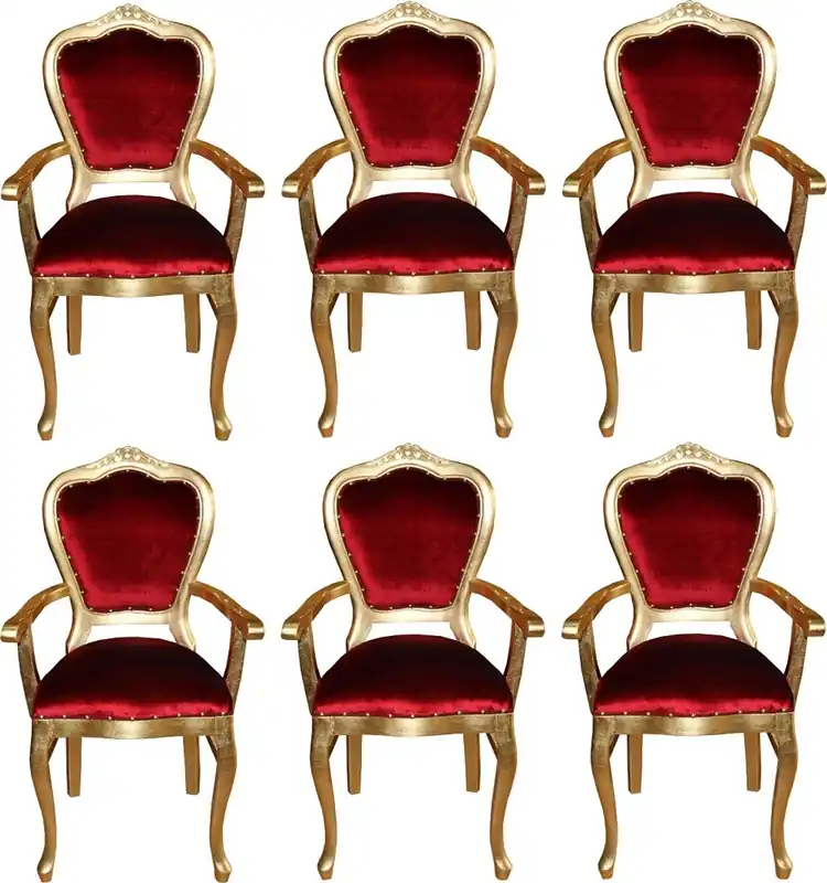 Neuheit Casa Padrino Conjunto de Sillas de Comedor Barroco de Lujo Burdeos Rojo / Oro 60 x 47 x H. 99 cm - 6 Sillas de Comedor Hechas a Mano con Reposabrazos - Muebles de Comedor Barrocos