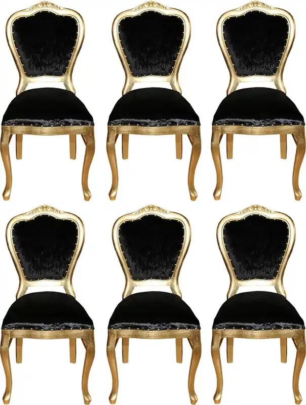Neu Casa Padrino Conjunto de Sillas de Comedor Barroco de Lujo Negro / Oro 45 x 46 x H. 99 cm - 6 Sillas de Comedor Hechas a Mano - Muebles de Comedor Barrocos