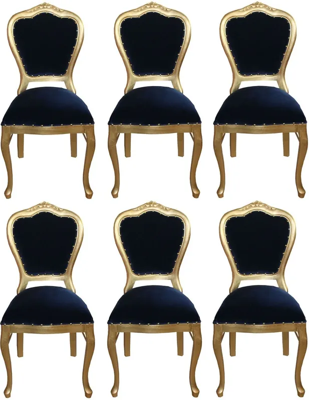 Casa Padrino Conjunto de Sillas de Comedor Barroco de Lujo Azul Real / Oro 45 x 46 x H. 99 cm - 6 Sillas de Comedor Hechas a Mano - Muebles de Comedor Barrocos Letzte Chance