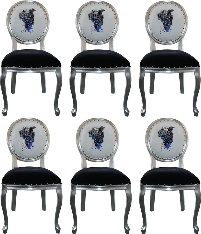 Billig Pompöös by Casa Padrino Sillas de Comedor Barroco de Lujo Negro / Blanco / Plata 50 x 60 x H. 104 cm - Sillas de Estilo Barroco de Pompöös Diseñadas por Harald Glööckler - 6 Sillas de Comedor