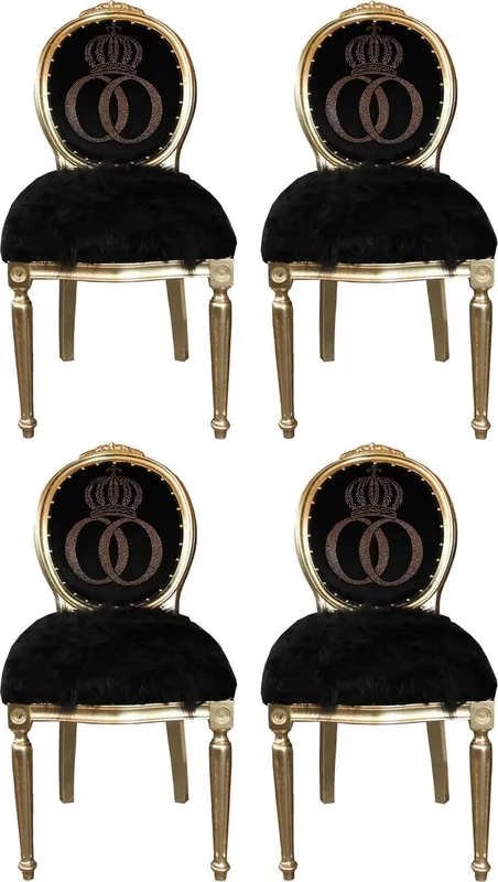 Pompöös by Casa Padrino Sillas de Comedor Barrocos de Lujo Faux Fur Negro / Oro Corona con Diamantes de Imitación 50 x 60 x H. 104 cm - Sillas Barrocos de Pompöös Diseñadas por Harald Glööckler - 4 Sillas de Comedor Sofort Bestellen