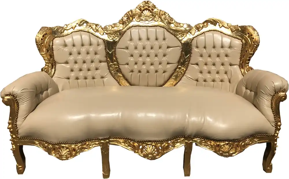 Direkt Vom Hersteller Sofá 3s de la casa Padrino Barroco Aspecto de cuero color crema / oro de King - Sala de estar Sofá Muebles Salón