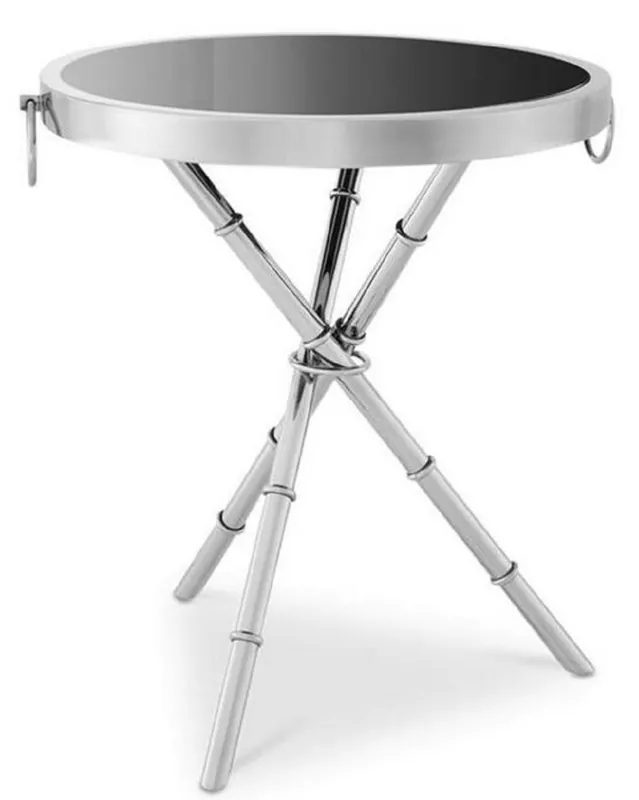 Must-Have Casa Padrino mesa auxiliar de lujo plata / negro Ø 55 x H. 44 cm - Mesa Redonda de Metal con Tapa de Vidrio - Muebles de Sala
