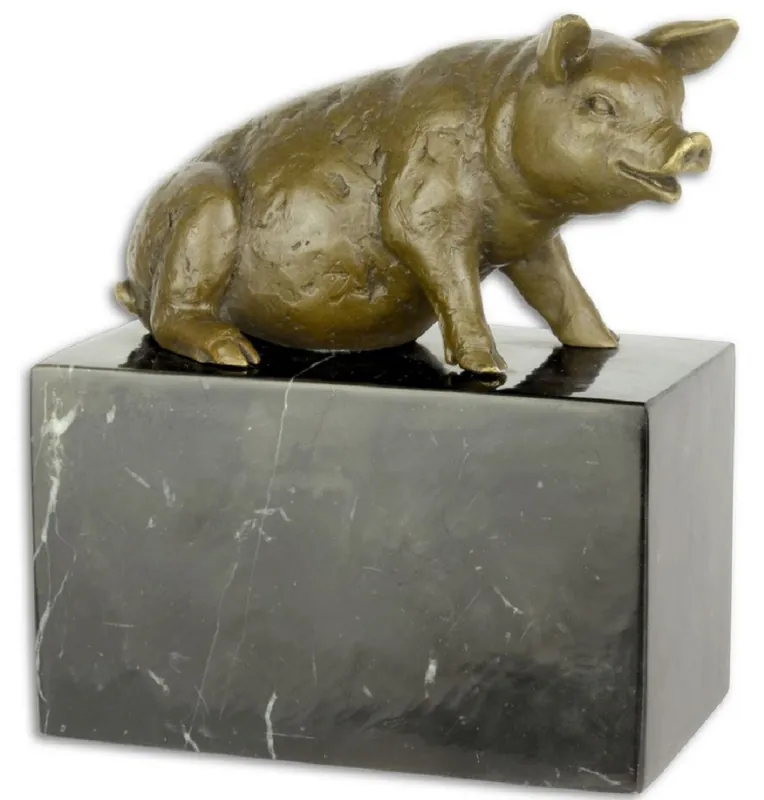 Casa Padrino figura de bronce de lujo sentado cerdo bronce / negro 8 x 14 x H. 15,6 cm - Figura de Deco con Base de Mármol Sale