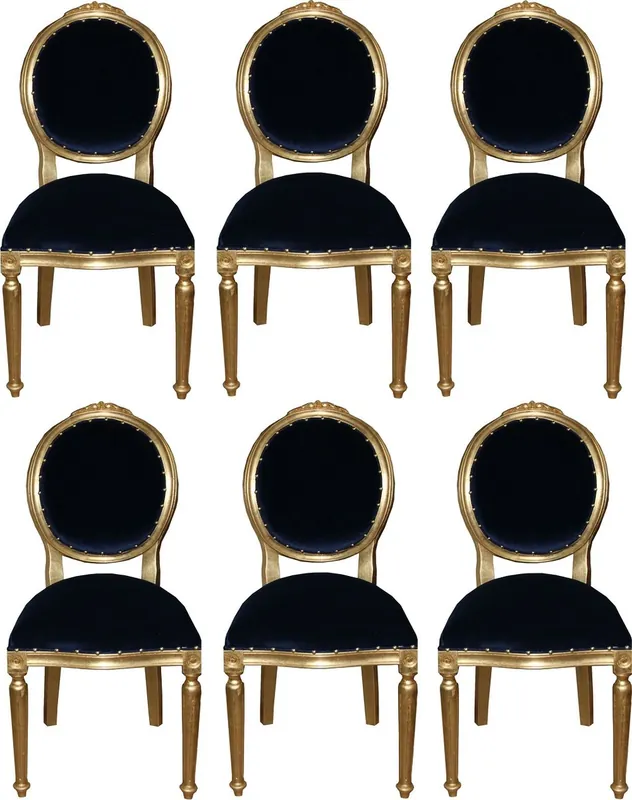 Casa Padrino Conjunto de Comedor Barroco de Lujo Medallón Azul Real / Oro 50 x 52 x H. 99 cm - 6 Sillas de Comedor Hechas a Mano - Muebles Barrocos Solange Der Vorrat Reicht