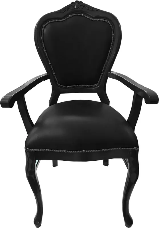 Silla de comedor de cuero genuino de lujo de Casa Padrino, estilo barroco, negro / negro con reposabrazos - Muebles hechos a mano con cuero genuino Günstig