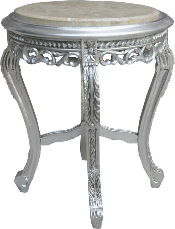 Top-Seller Mesa auxiliar barroca Casa Padrino plateada con encimera de mármol crema 48 x 48 x h 55 cm - Mesa auxiliar para muebles barrocos