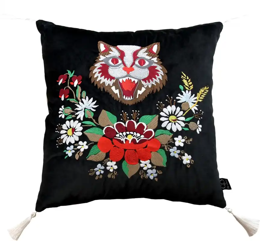 Cojín decorativo de lujo Casa Padrino con borlas Gato negro / blanco 45 x 45 cm - Terciopelo fino - Cojín de vida Sale