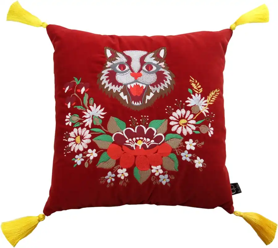Direktkauf Cojín decorativo de lujo Casa Padrino con borlas Gato rojo / amarillo 45 x 45 cm - Terciopelo fino - Cojín de vida